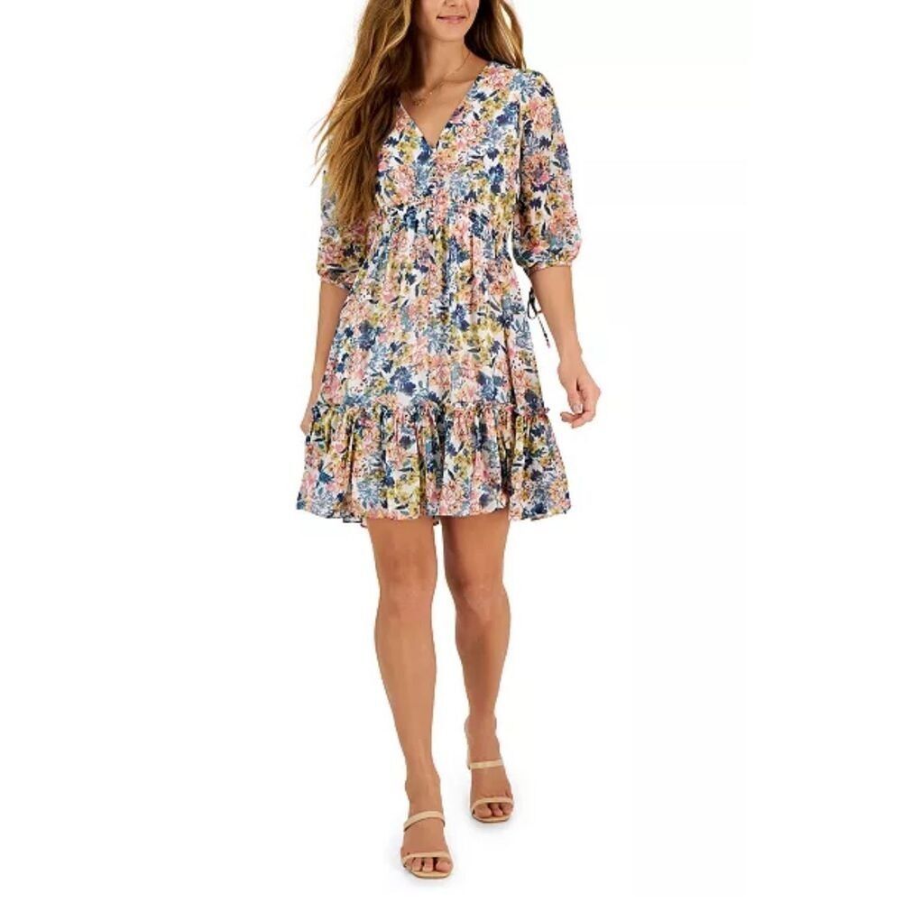 Taylor Womens Floral Vneck Ruched Ruffle Tiered Dress sz 10 Boho Cottage Dainty